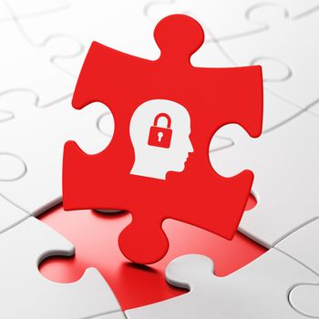 Information concept: Head With Padlock on Red puzzle pieces background, 3D rendering