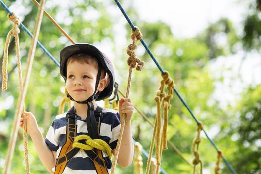 Kids climbing in adventure park. Boy enjoys climbing in the ropes course adventure. Child climbing high wire park. Happy boys playing at adventure park, holding ropes and climbing wooden stairs.