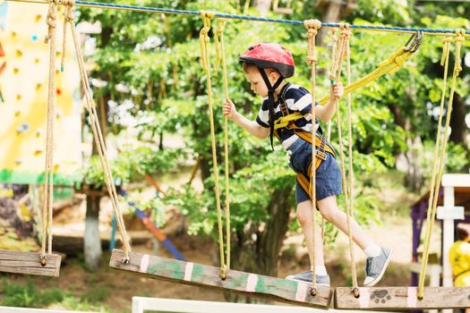 Kids climbing in adventure park. Boy enjoys climbing in the ropes course adventure. Child climbing high wire park. Happy boys playing at adventure park, holding ropes and climbing wooden stairs.