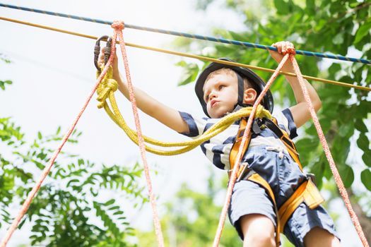 Kids climbing in adventure park. Boy enjoys climbing in the ropes course adventure. Child climbing high wire park. Happy boys playing at adventure park, holding ropes and climbing wooden stairs.