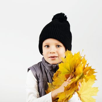 Portrait of happy joyful beautiful little boy against white background. Child holding a yellow maple leaves. Kid throws up a autumn yellowed foliage