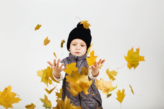 Portrait of happy joyful beautiful little boy against white background. Child holding a yellow maple leaves. Kid throws up a autumn yellowed foliage