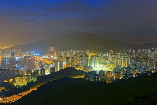 Hong Kong Tuen Mun skyline and South China sea at night