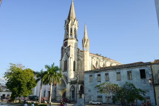 Camaguey, Cuba - 11 January 2016: Sacred Heart of Jesus Cathedral at Marti park in the evening at Camaguey, Cuba