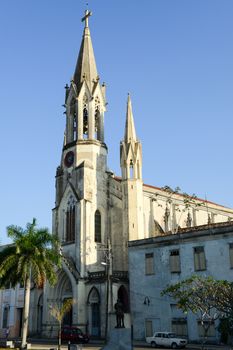 Camaguey, Cuba - 11 January 2016: Sacred Heart of Jesus Cathedral at Marti park in the evening at Camaguey, Cuba