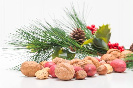 Variety of mixed nuts in the shell with a festive background.