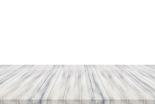 White wooden table top isolated on white background. For product display