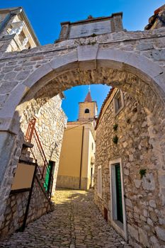 Town of Pirovac historic stone gate vertical view, Dalmatia, Croatia