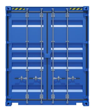 3d rendering of blue shipping container. Front view. Isolated on white