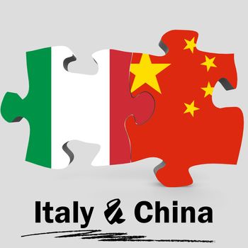 China and Italy Flags in puzzle isolated on white background, 3D rendering