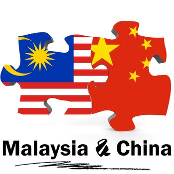 China and Malaysia Flags in puzzle isolated on white background, 3D rendering