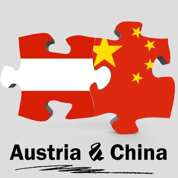 China and Austria Flags in puzzle isolated on white background, 3D rendering