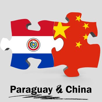 China and Paraguay Flags in puzzle isolated on white background, 3D rendering