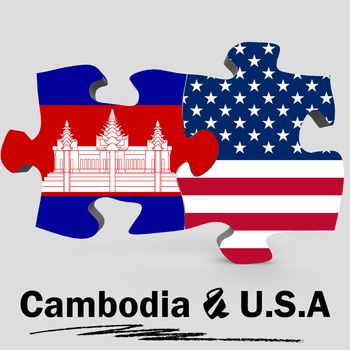 USA and Cambodia Flags in puzzle isolated on white background, 3D rendering
