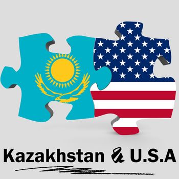 USA and Kazakhstan Flags in puzzle isolated on white background, 3D rendering