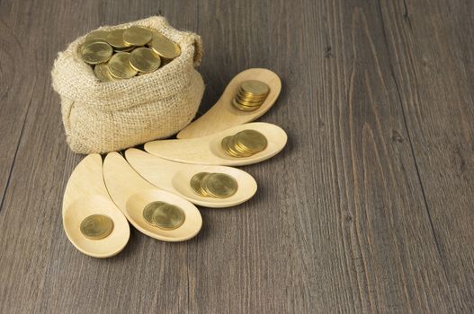 Gold coins in wooden spoon with brown sack of gold coins on wood background.