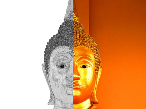 Buddha statue drawing half face closeup on white background.
