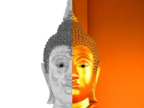 Buddha statue drawing half face closeup on white background.