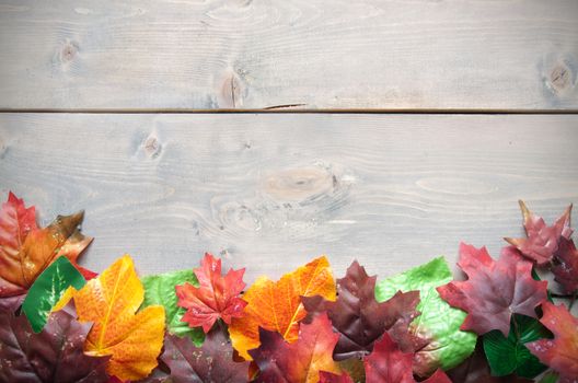 Autumn leaves on top of a wooden background with space 