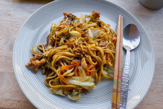 Delicious Japanese cuisine Yakisoba or hot dry noodles Japanese style.