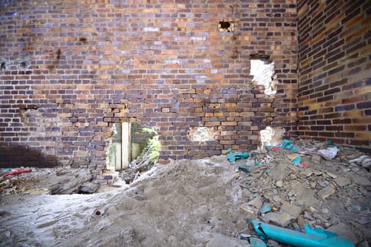 wide angle view of an old wall abandoned factory building
