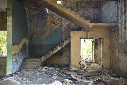 wide angle view of an old wall abandoned factory building