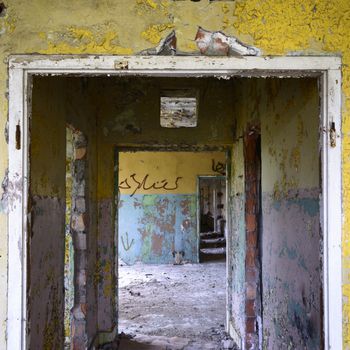 wide angle view of an old wall abandoned factory building