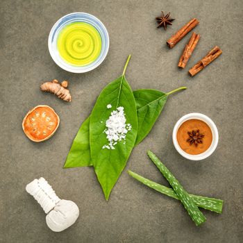 Avocados  leaves with nature spa ingredients turmeric,herbal compress ball,dried indian bael ,cinnamon powder ,cinnamon sticks ,aromatic oil ,star anise,aloe vera  and sea salt on concrete background.