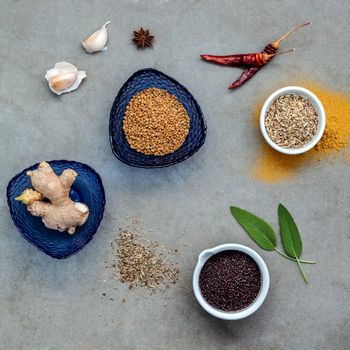 Assorted of spices ginger,fennel seed,dried thyme ,sage leaves,garlic ,star anise ,curry powder,chilli and fenugreek setup on concrete background.
