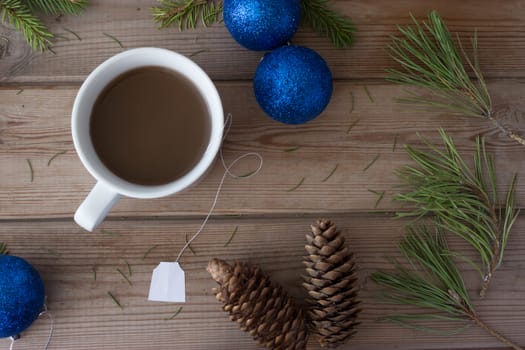 decorations, Christmas tree branches and cup of coffee