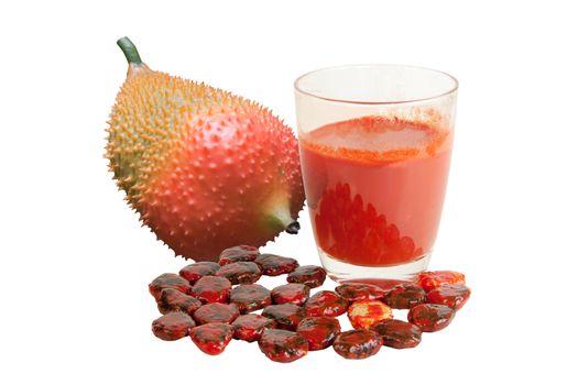 Baby Jack fruit isolated (Or Cochinchin Gourd, Spiny Bitter Gourd, Sweet Gourd, Momordica cochinchinensis, Momordica cochinchinensis (Lour) Spreng.) and juice or aril seeds and white background objects with clipping paths