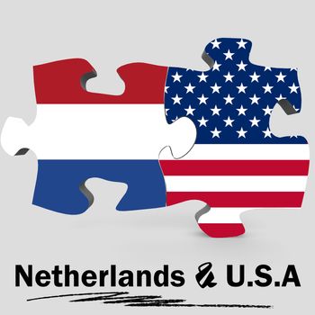 USA and Netherlands Flags in puzzle isolated on white background, 3D rendering