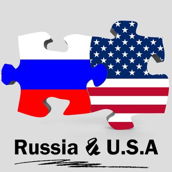 USA and Russia Flags in puzzle isolated on white background, 3D rendering