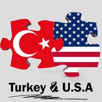 USA and Turkey Flags in puzzle isolated on white background, 3D rendering