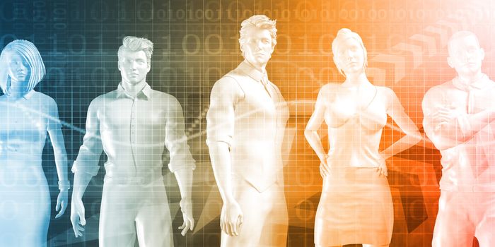 Confident Successful Business Team Standing on Technology Background