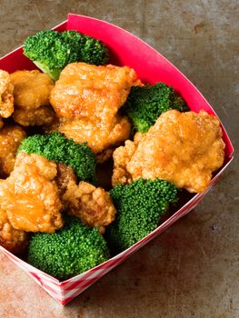 close up of rustic american chinese takeout general tso chicken