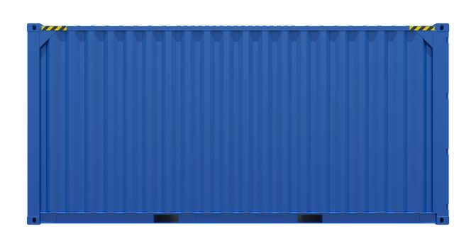 3d rendering of blue shipping container. Side view. Isolated on white