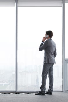 Businessman standing near window, looking at city and talking by phone