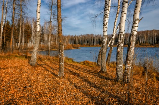Autumn day on the lake in calm clear weather