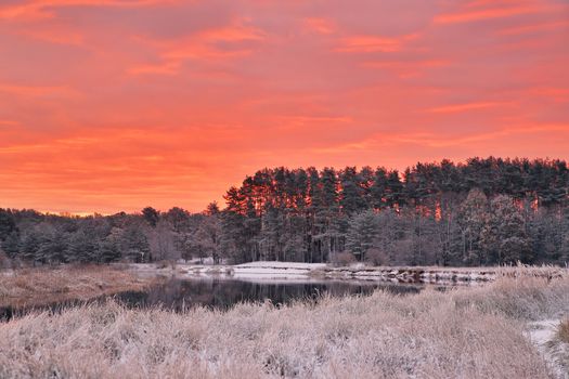 Colorful autumn dawn. Red sky and clouds. First snow in the autumn forest. Belarus autumn scene