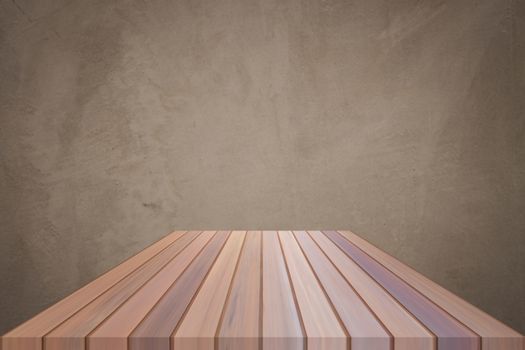 Empty brown top wooden table with concrete wall background. For product display