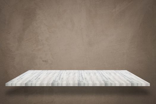 Empty white top wooden shelf with concrete wall background. For product display