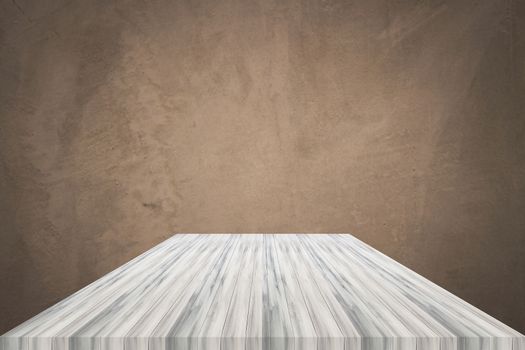 Empty white wooden table top with concrete wall background. For product display