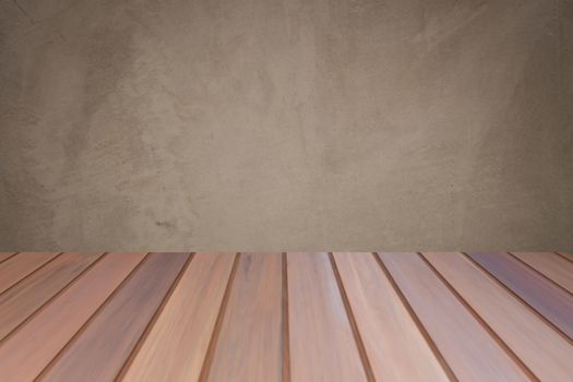 Empty wooden table top with concrete wall background. For product display