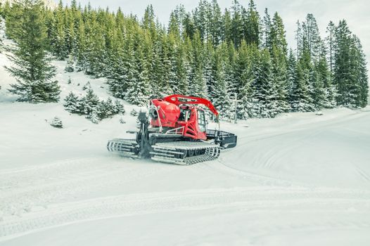 Picture with a modern snow groomer near a snowy forest, in the Austrian Alps, near the village Ehrwald.