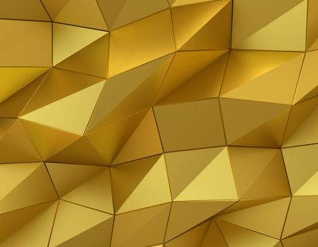 Abstract gold surface. Futuristic background with low poly shapes. 3D rendering