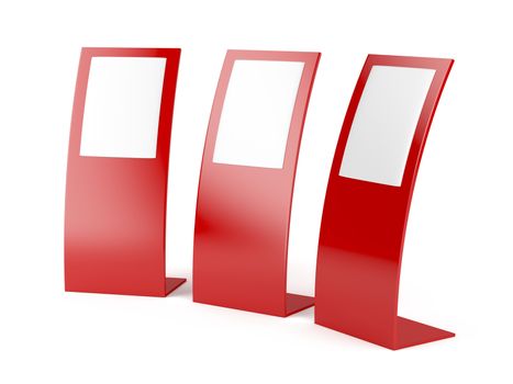 Three red advertising panels on white background