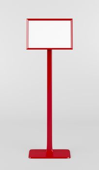 Front view of red info stand on gray background