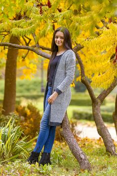 portrait of pretty teen girl in autumn park. Smiling happy girl portrait, autumn outdoor.