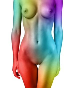 Closeup of multi-colored nude woman, isolated on white background